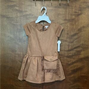 Tahari Short Sleeve Faux Suede Dress & Purse Set Girls 6 Brown Drop Waist Lined
